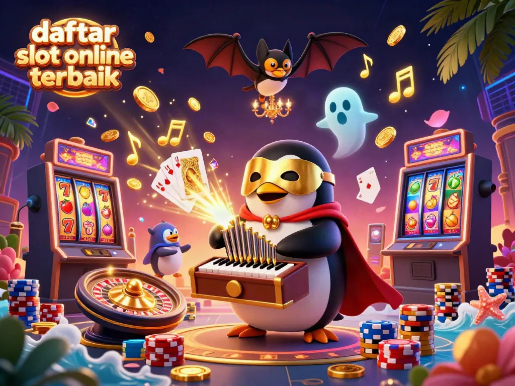 Ilustrasi 3D daring menonjolkan daftar slot online terbaik dengan penguin dan elemen permainan menarik.