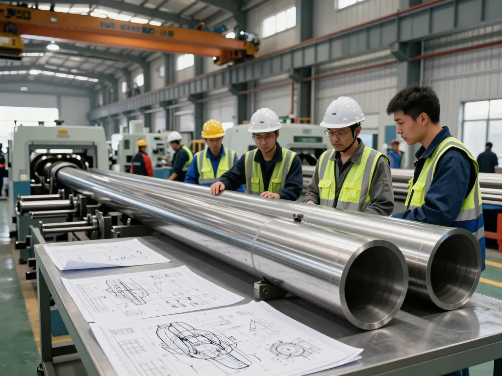Workers inspecting high-quality sumwin stainless steel pipes in a manufacturing setting.