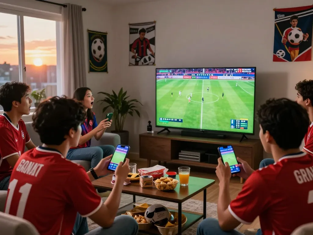 Excited friends enjoying socolive tv game in a vibrant living room.