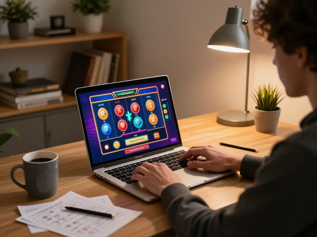 Player engaging in online gambling at V9BET on laptop with vibrant slot graphics