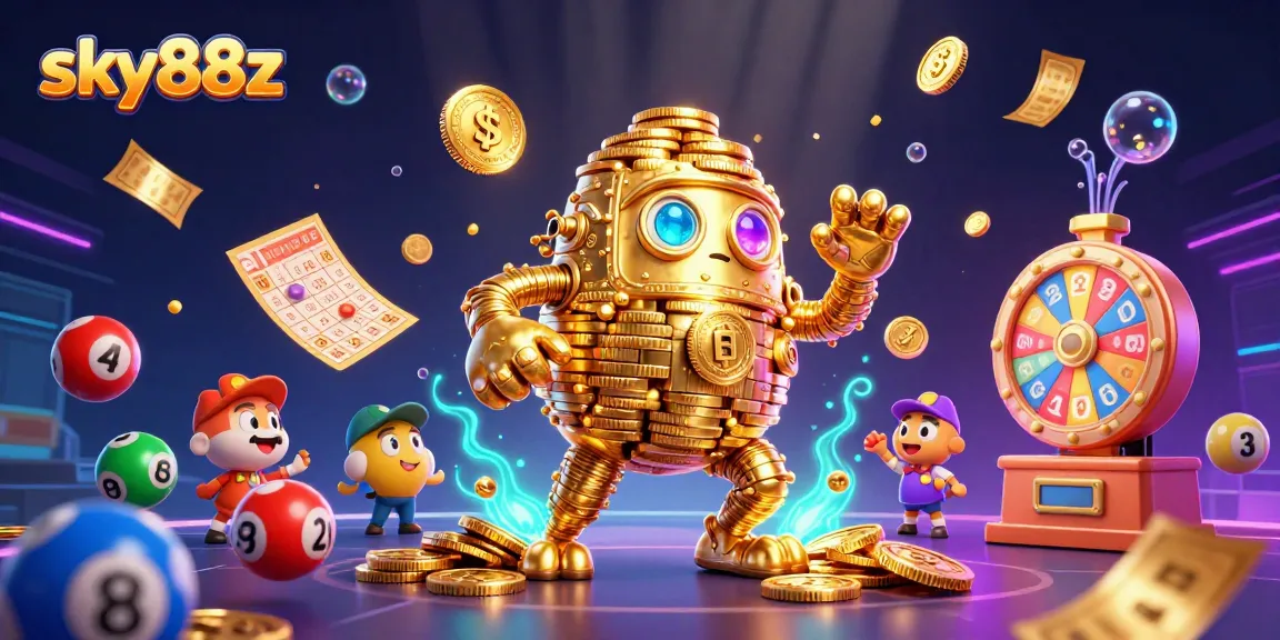 Engage with sky88z's vibrant gaming scene featuring a dynamic ancient golden golem and colorful lottery elements.