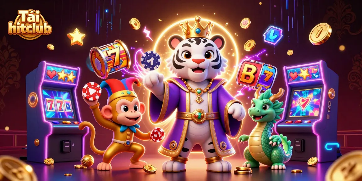 Tải hitclub to experience vibrant casino games with a playful tiger, monkey, and dragon in a dynamic scene.