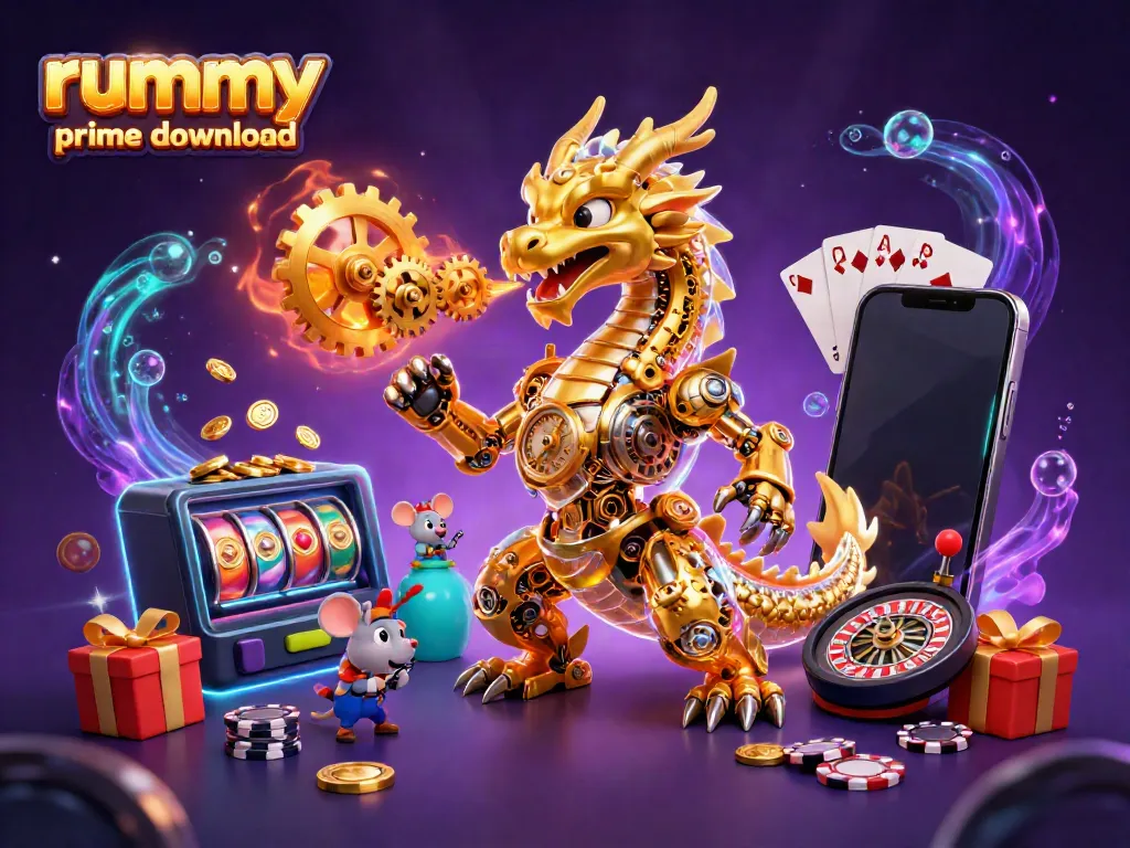 Experience rummy prime download in an engaging 3D gaming illustration surrounded by vibrant game elements.
