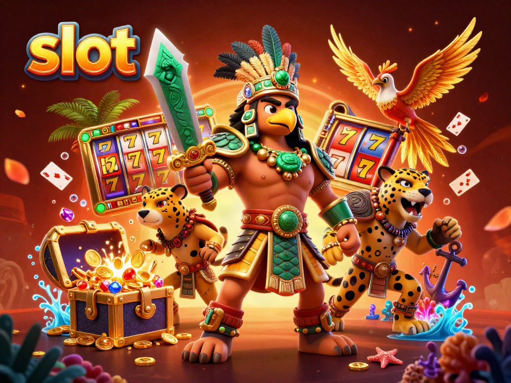 Engage with slot gaming excitement through a vibrant 3D illustration featuring Aztec warriors amidst golden treasures.