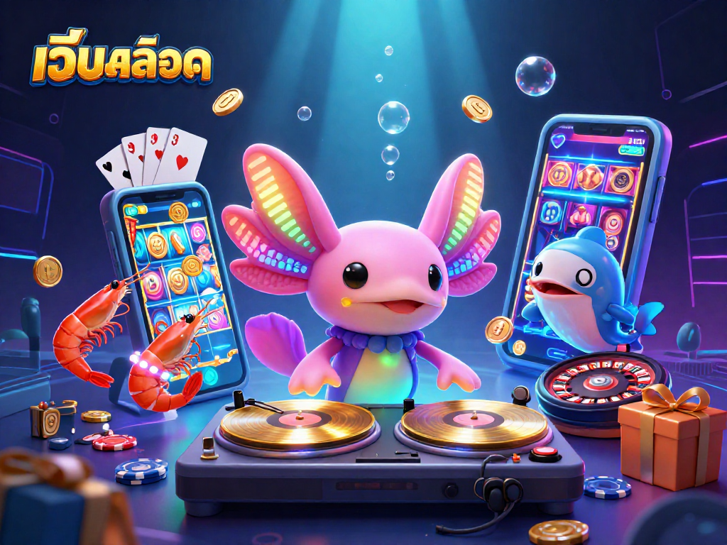 Experience engaging เว็บสล็อต action with a neon axolotl DJ and dynamic gaming elements in a vibrant underwater scene.