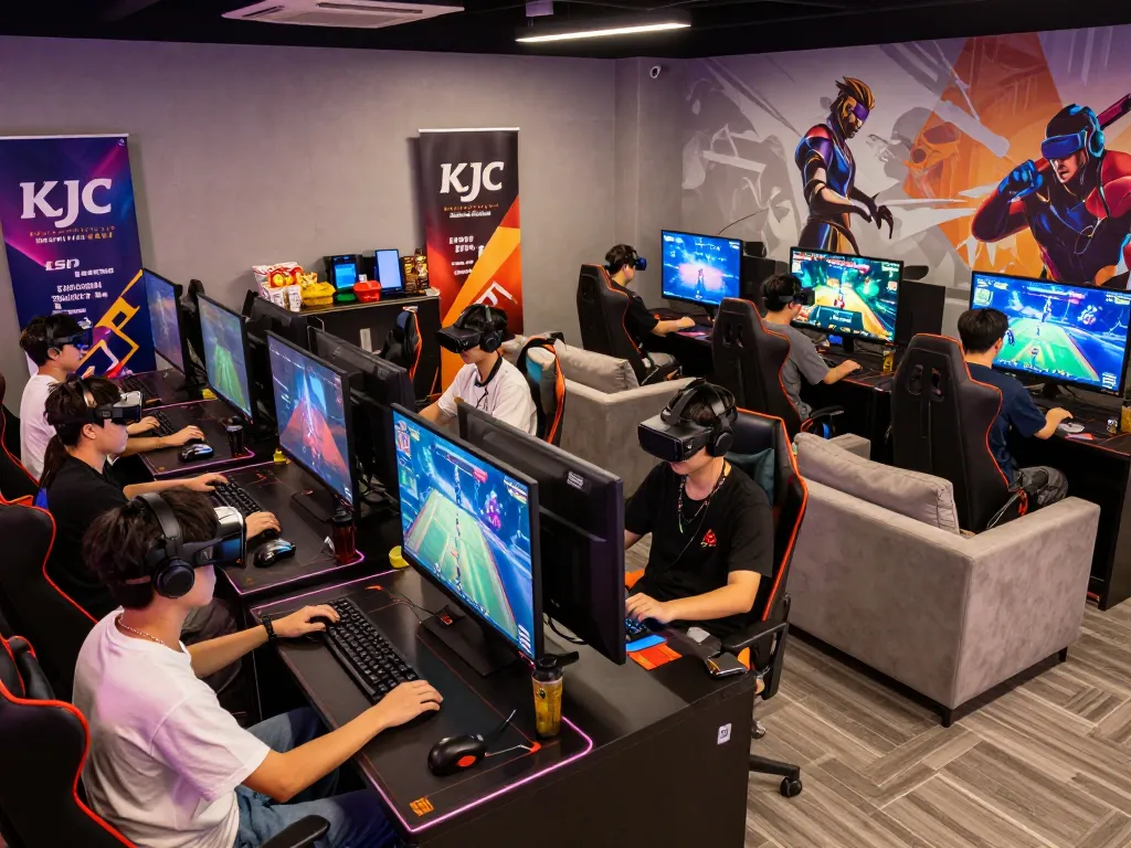 KJC entertainment hub with young adults gaming and socializing in a vibrant atmosphere.