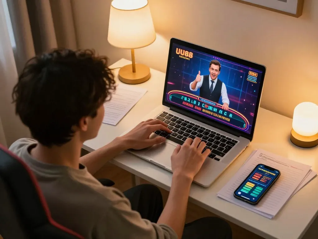 UU88 player engaging with live dealer games in a stylish home gaming setup.