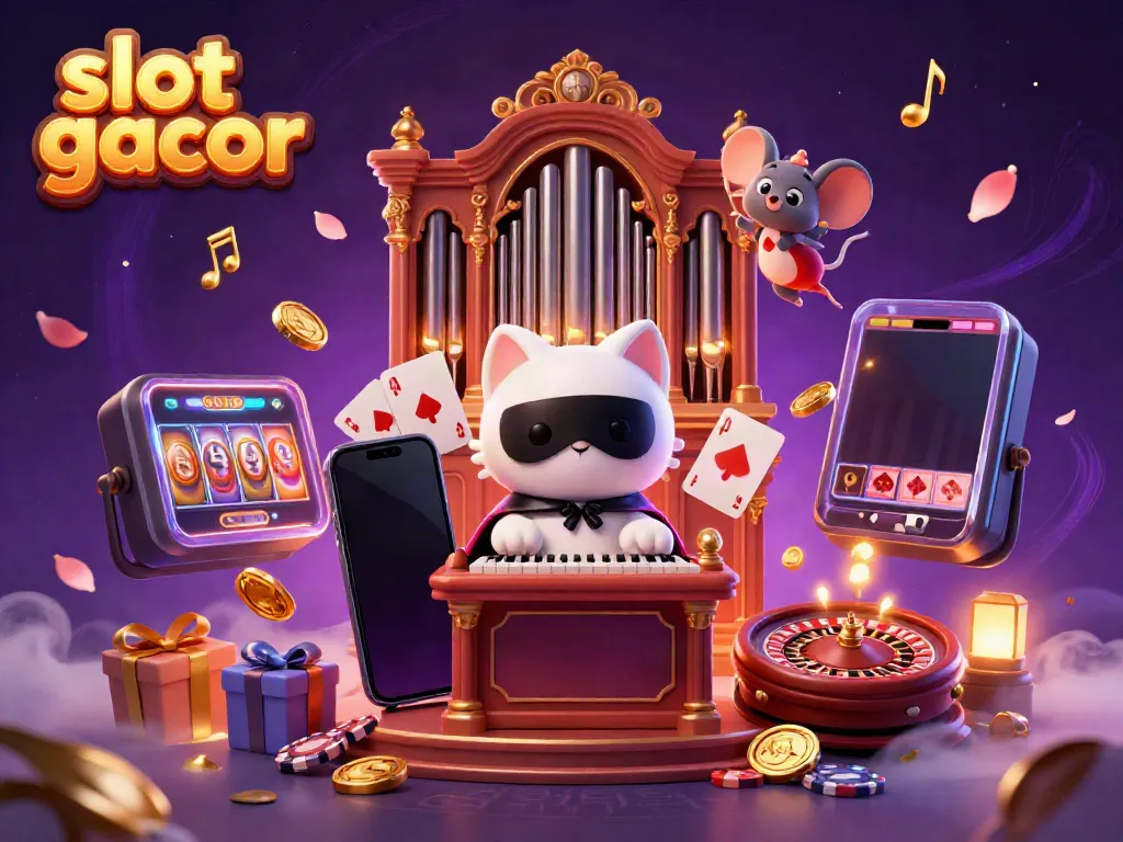 Slot gacor menampilkan kucing putih kartun dan akrobat mousetern yang bermain musik di kasino