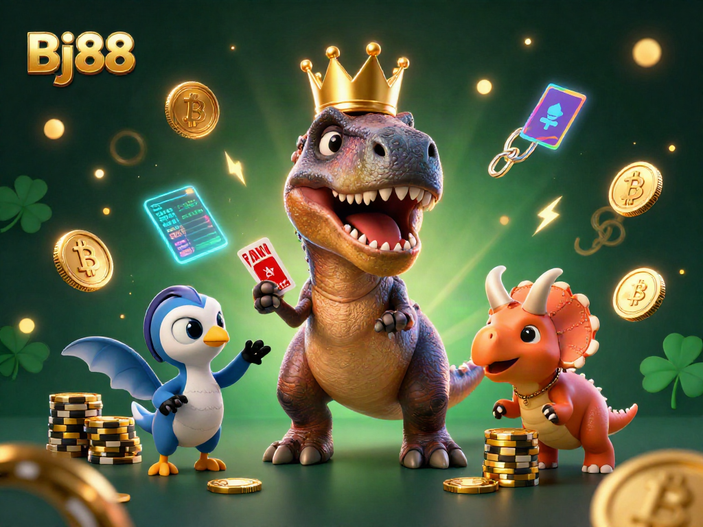 Bj88 showcases a playful T-Rex, pterodactyl, and triceratops in a lively crypto casino scene.