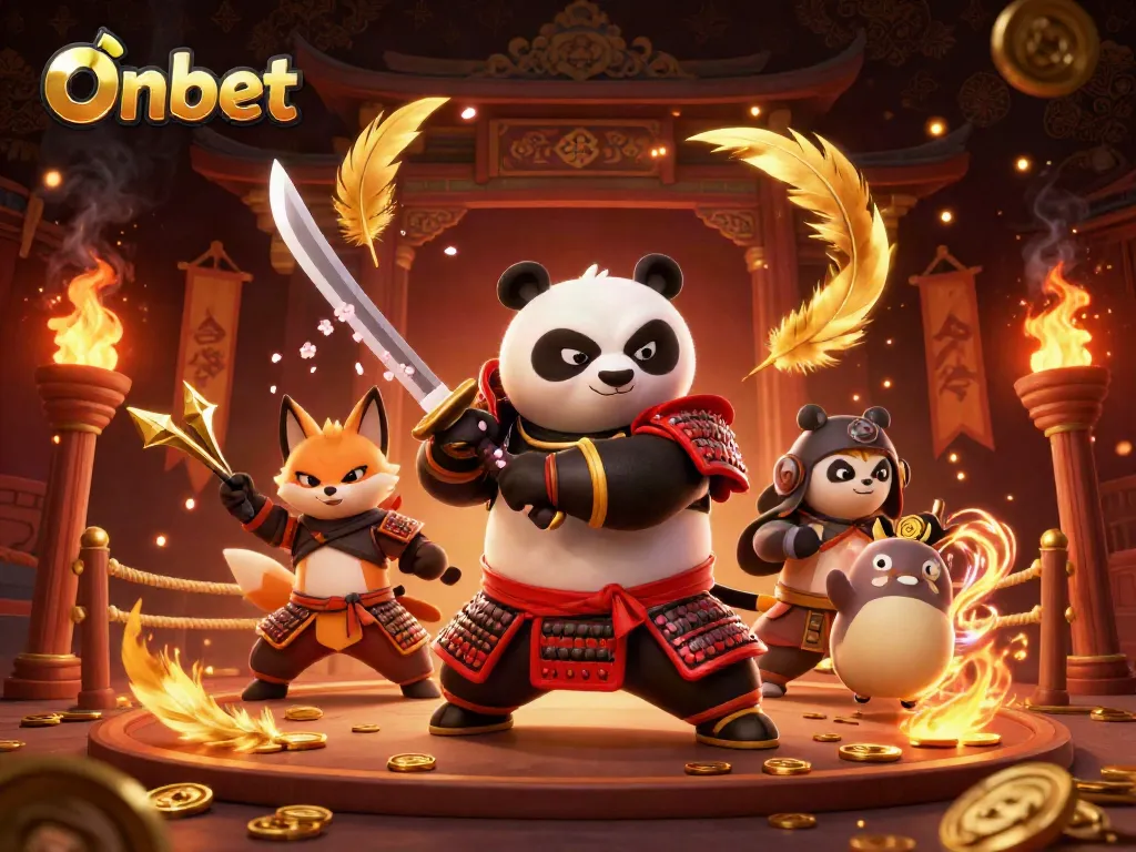 Engage in thrilling gameplay at Onbet with energetic samurai panda and ninja fox in a mystical casino arena.