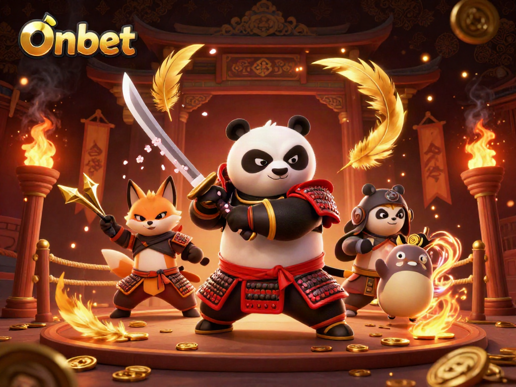 Engage in thrilling gameplay at Onbet with energetic samurai panda and ninja fox in a mystical casino arena.