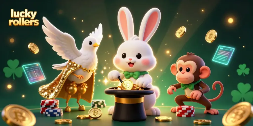 Feel the rush at lucky rollers crypto casino with a magician rabbit, coins, and immersive elements.