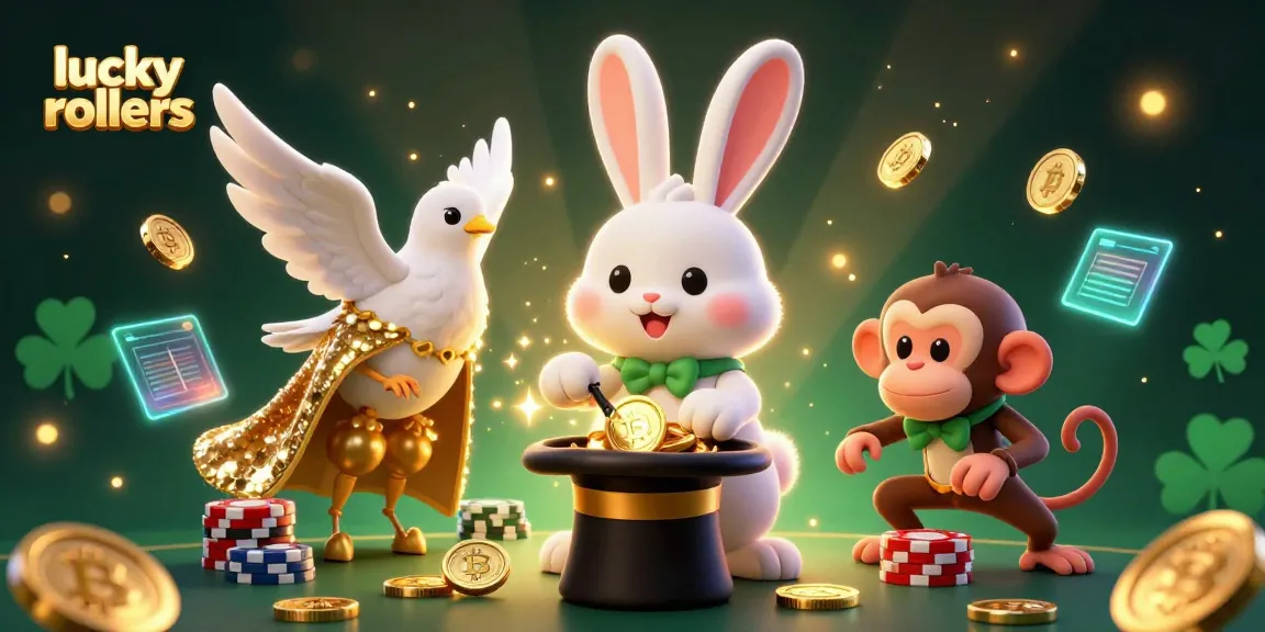 Feel the rush at lucky rollers crypto casino with a magician rabbit, coins, and immersive elements.