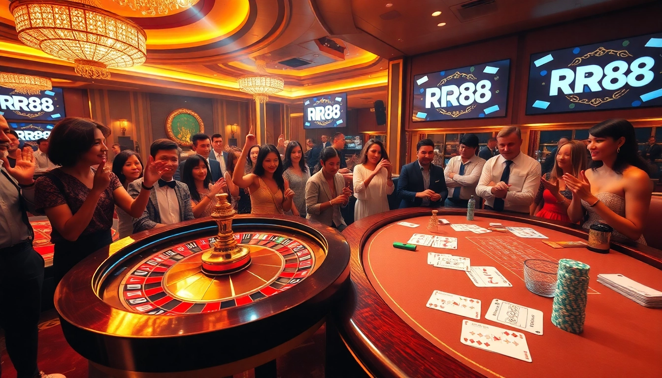 Players excitedly betting at the luxurious casino scene inspired by https://rr88.mov/ showcasing roulette and cards.