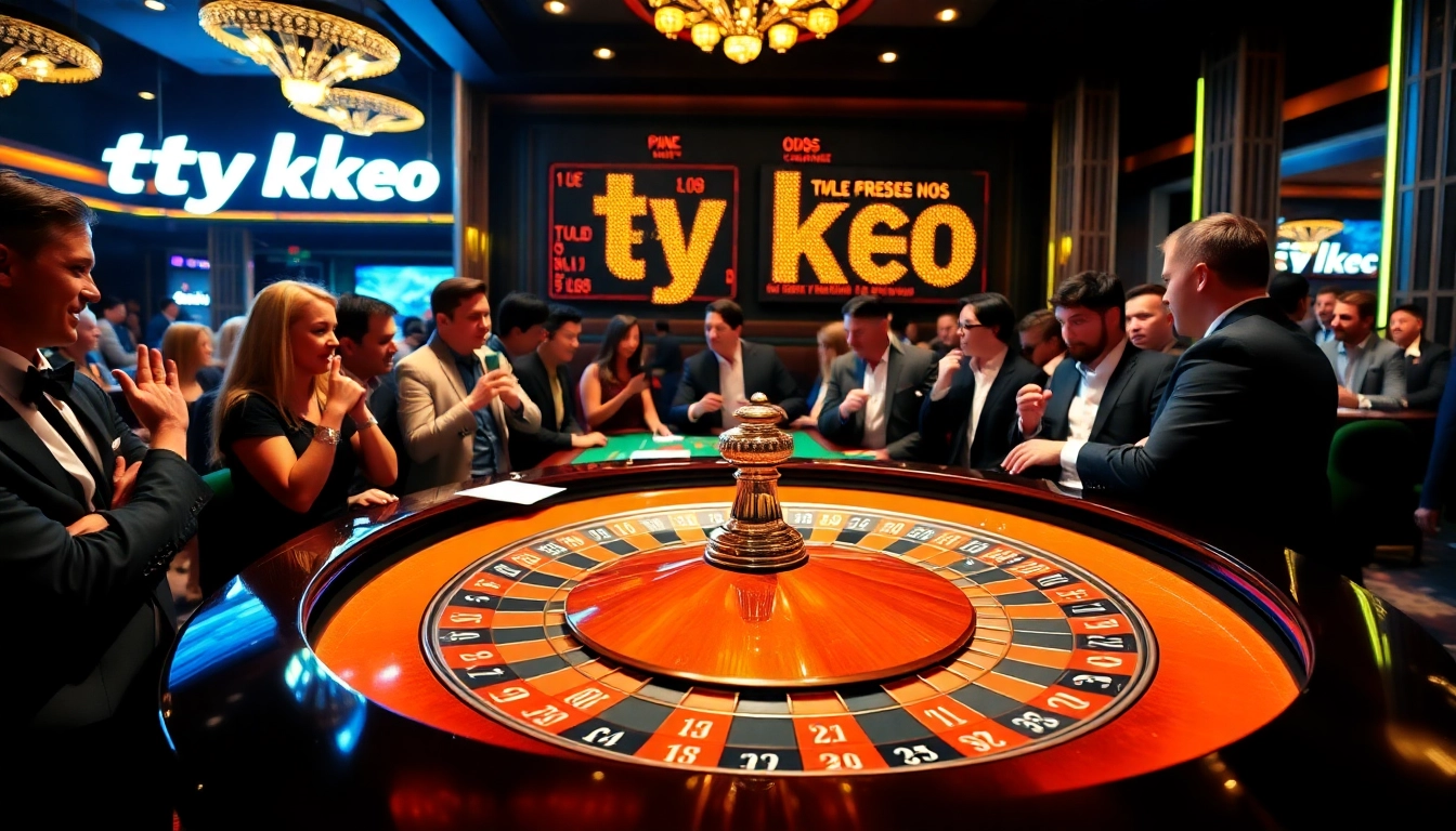 Gamblers engaging at a luxurious casino table with ty le keo displayed prominently, showcasing excitement and strategy.