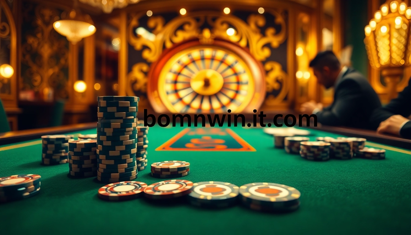 The engaging scene of high-stakes poker at bomwin1.it.com, showcasing polished chips and cards.