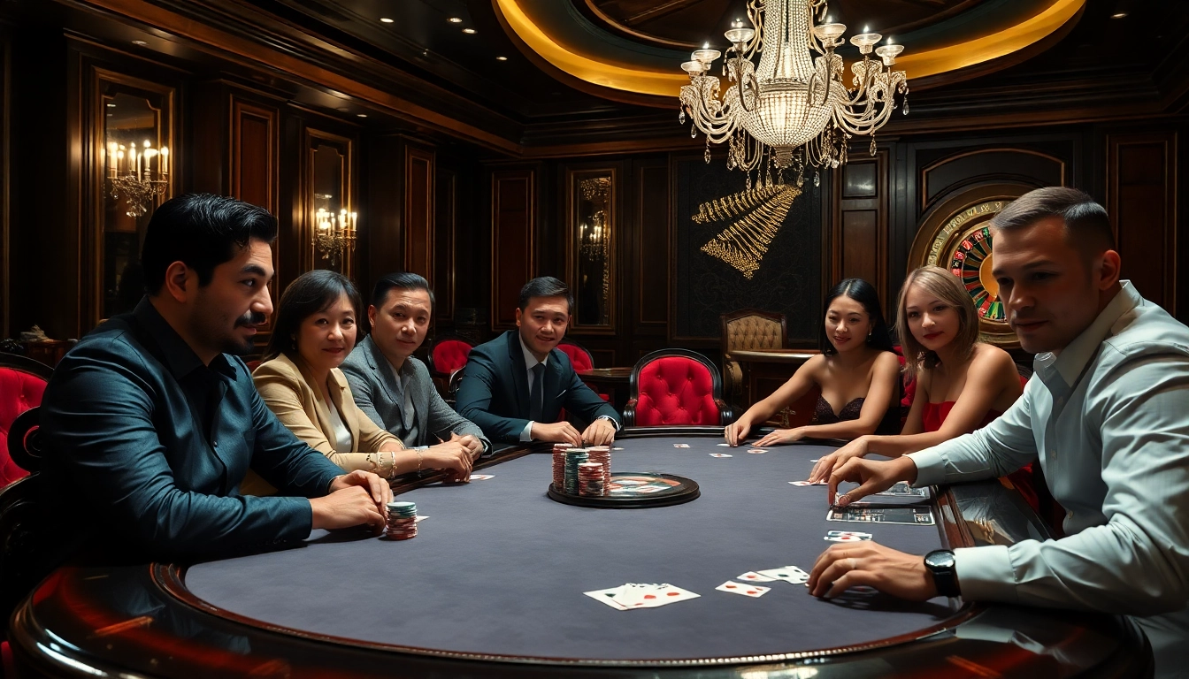 Experience the thrill of 789Win poker with players enjoying high-stakes action at a luxury casino table.