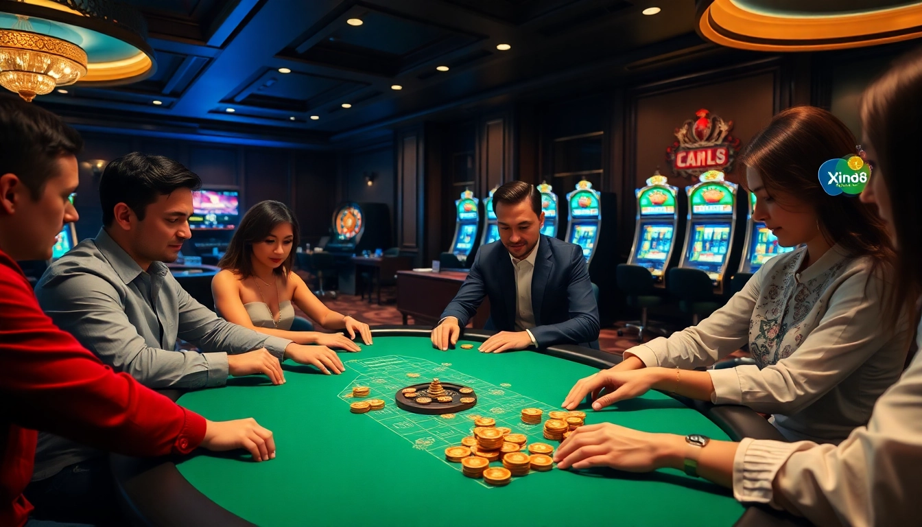 Exciting poker game at Xin88 casino with high-stakes players and vibrant chips.