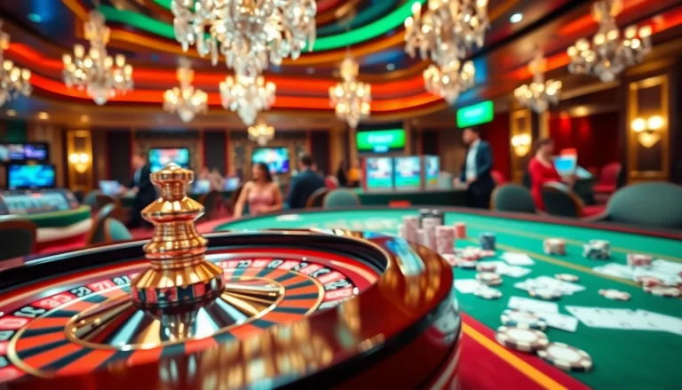 Engaging casino scene featuring BEM88 elements with poker chips and a roulette table in a luxurious setting.