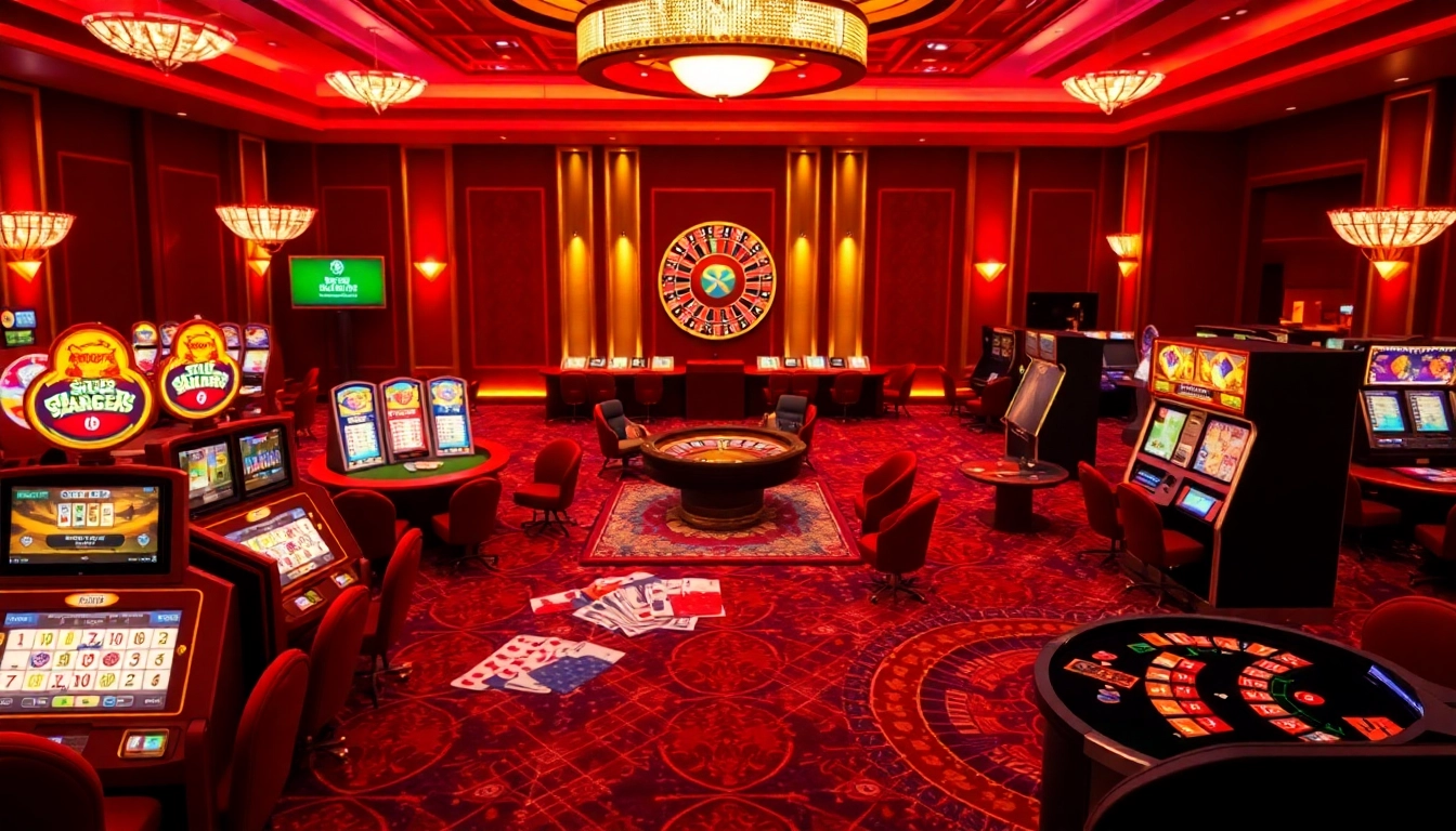 Shop tft casino interface showcasing exciting slot machines and poker tables with vibrant lights.