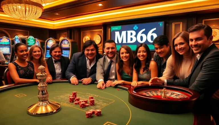 Excited gamblers at a luxurious casino table, with MB66 prominently featured.