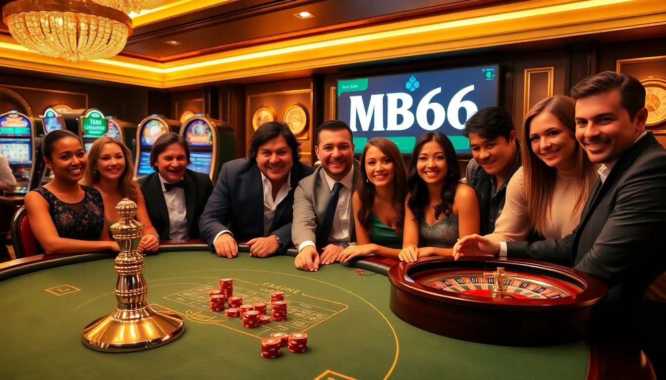 Excited gamblers at a luxurious casino table, with MB66 prominently featured.