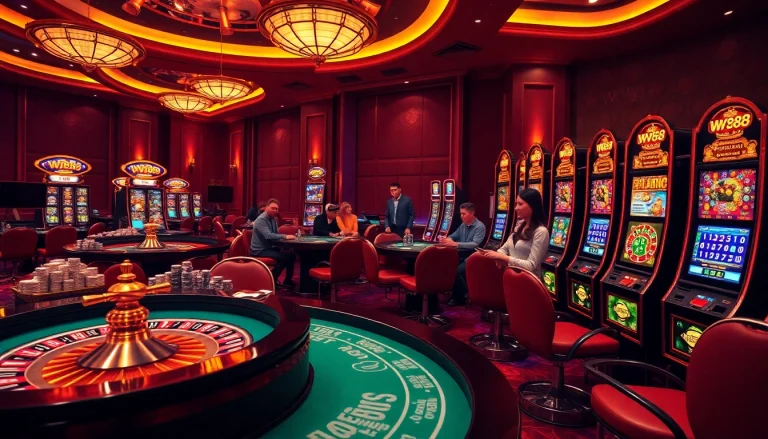 Engaging scene of players enjoying WW88 casino games with vibrant slot machines and roulette tables.