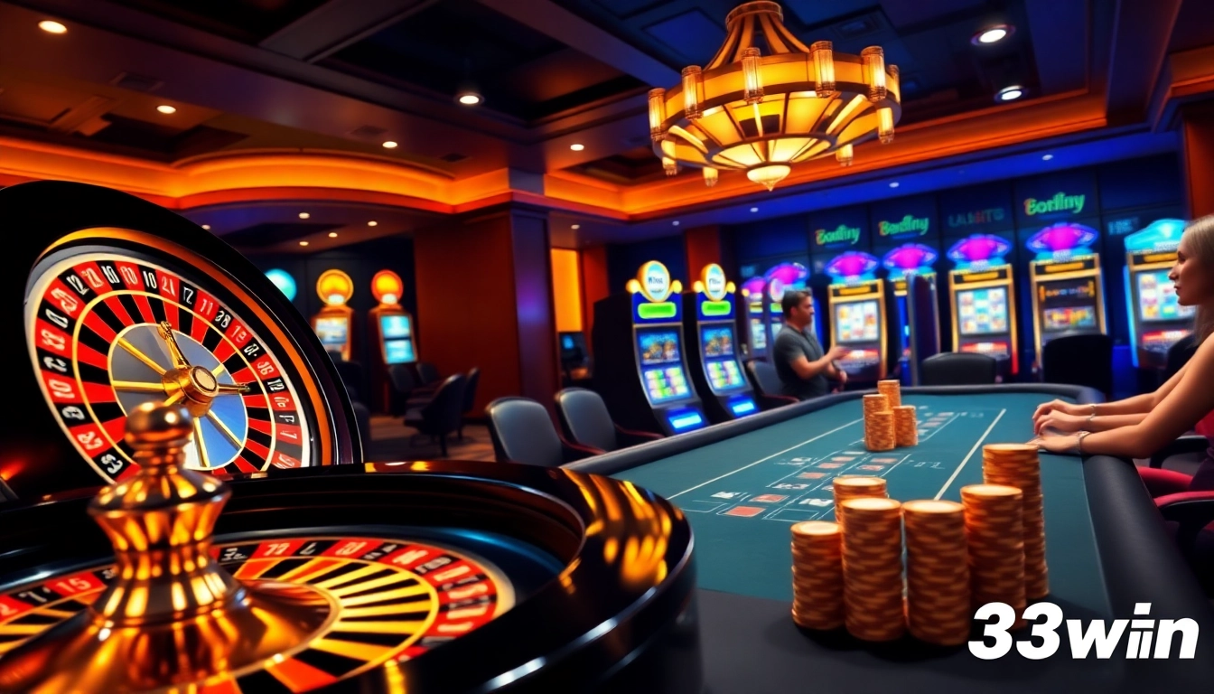 Engaging players at 33win's vibrant online casino, featuring roulette and poker action.