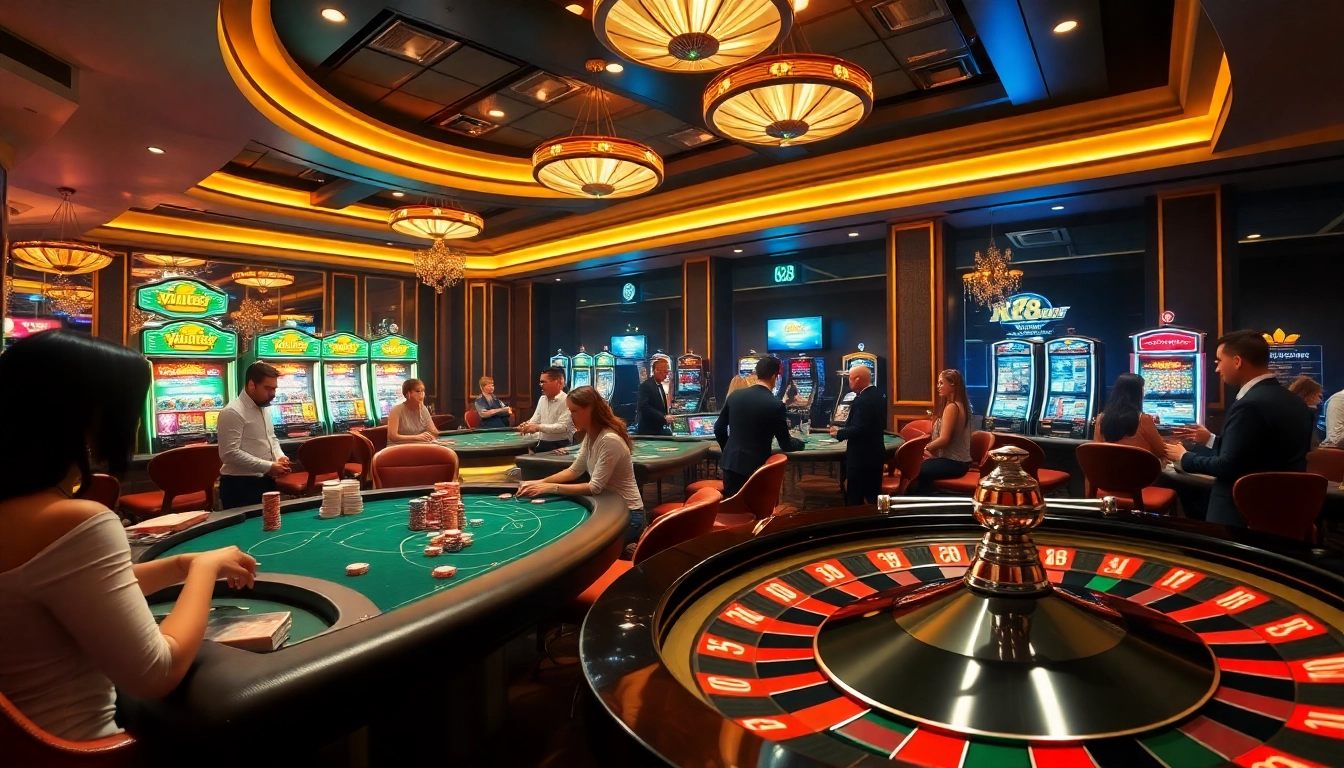 K88 casino players experiencing thrilling games at poker tables and slot machines.