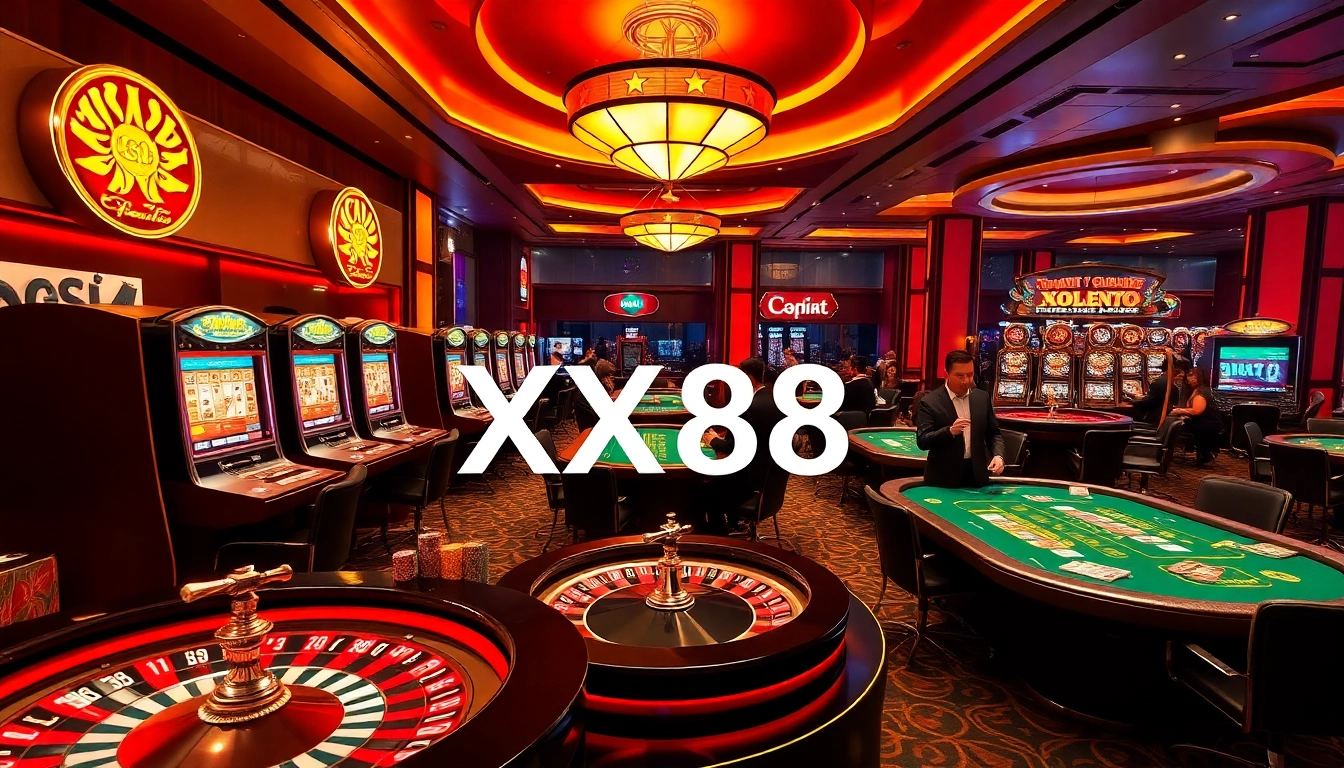 Players enjoying various games at a luxurious casino featuring XX88 slot machines and vibrant roulette.