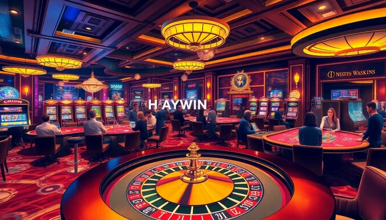 HAYWIN casino scene featuring players at roulette and intense poker action amidst vibrant atmosphere.