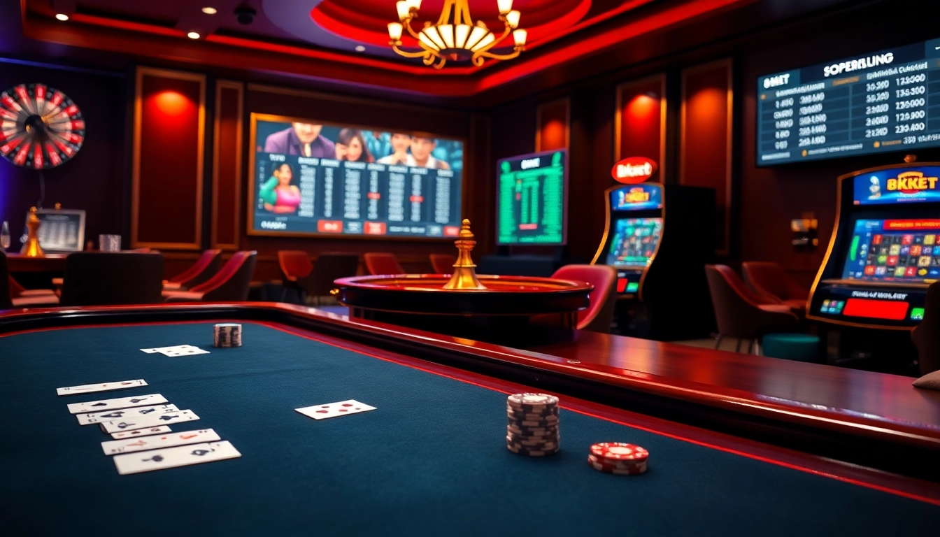 Engaging gaming scene at 8kbet with roulette, cards, and vibrant slot machines.