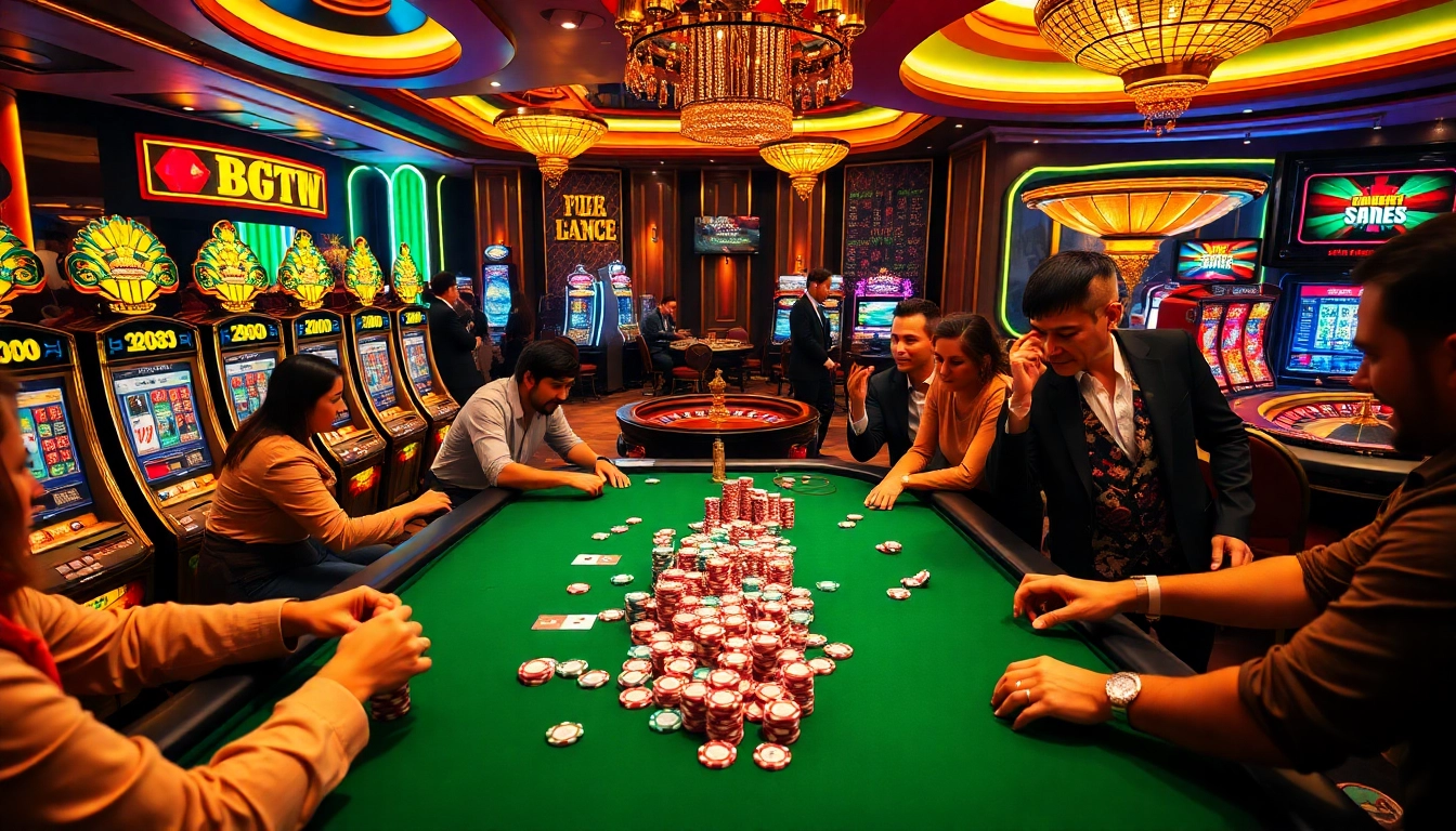 The thrilling gaming action at nhà cái 888NEW features players engaged in poker, surrounded by vibrant casino elements.