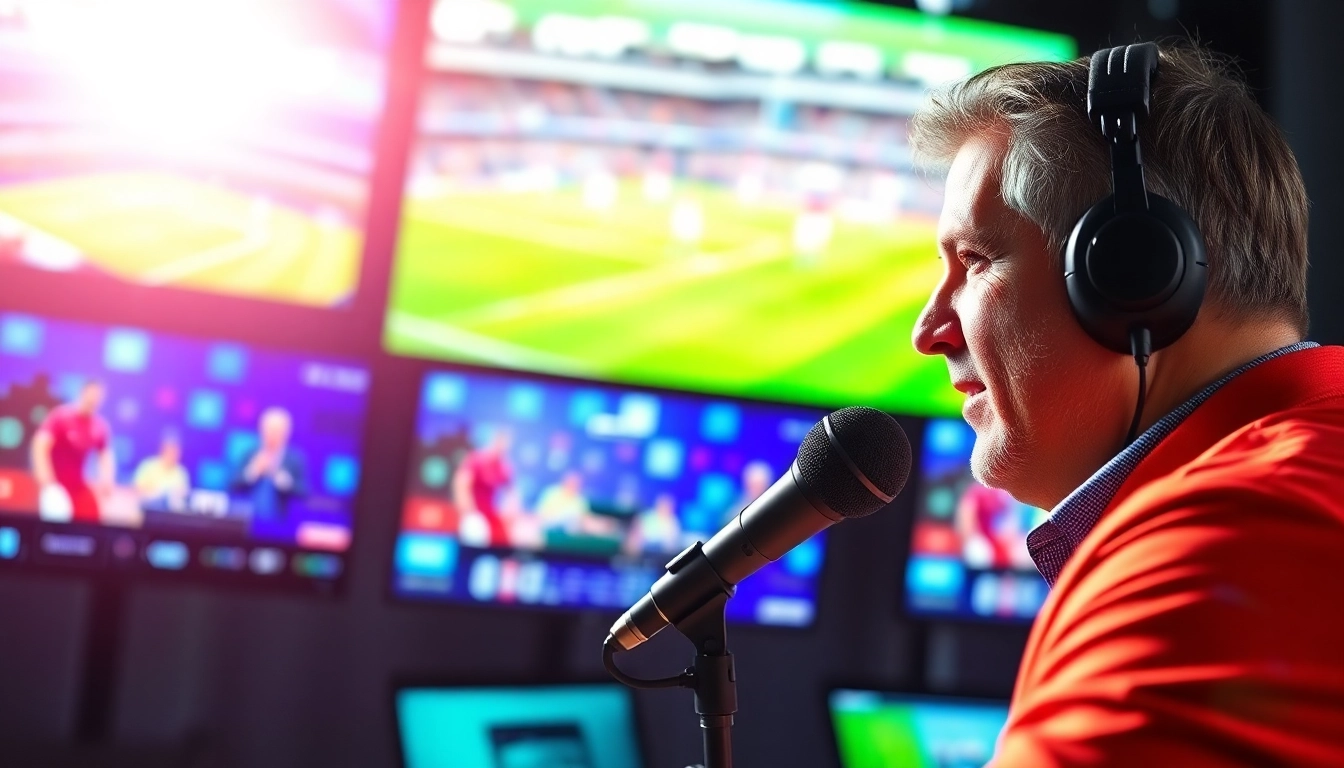 Engaging sports broadcasting scene with an announcer at a microphone, setting the stage for thrilling coverage.