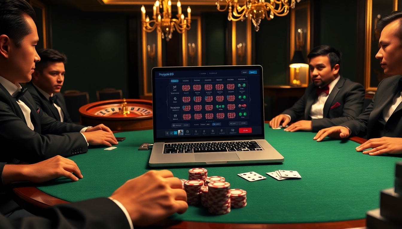 Players enjoy a thrilling round of poker with inatogel88 betting chips in an upscale casino setting.