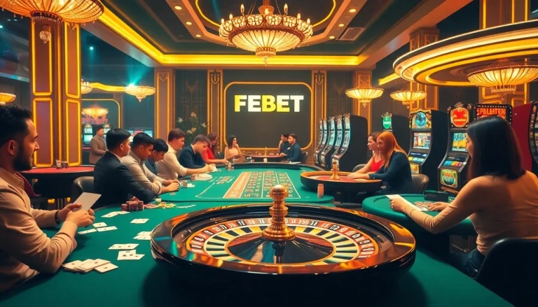 Exciting casino experience with FEBET branding and players at tables, showcasing vibrant gaming elements.