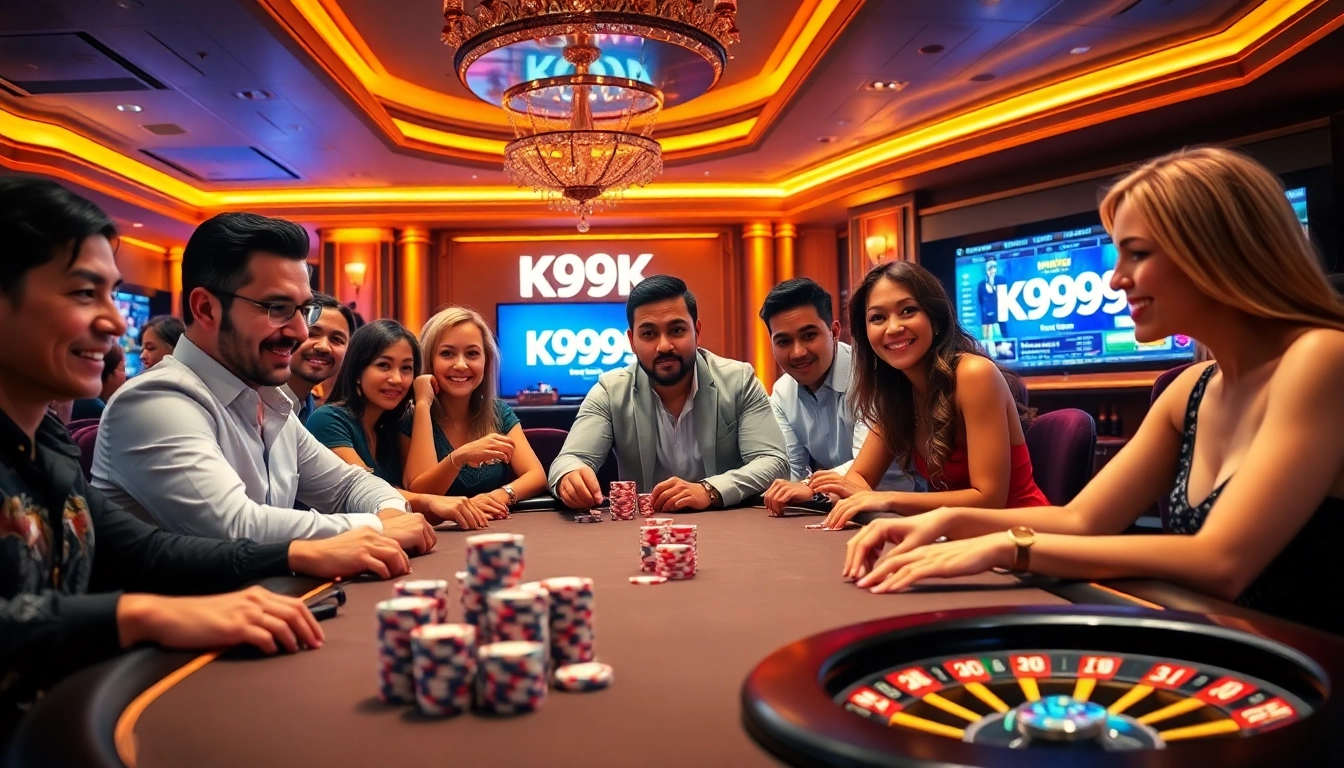 Players engaging in a thrilling poker game at K9K9 casino with lively atmosphere and professional setup.