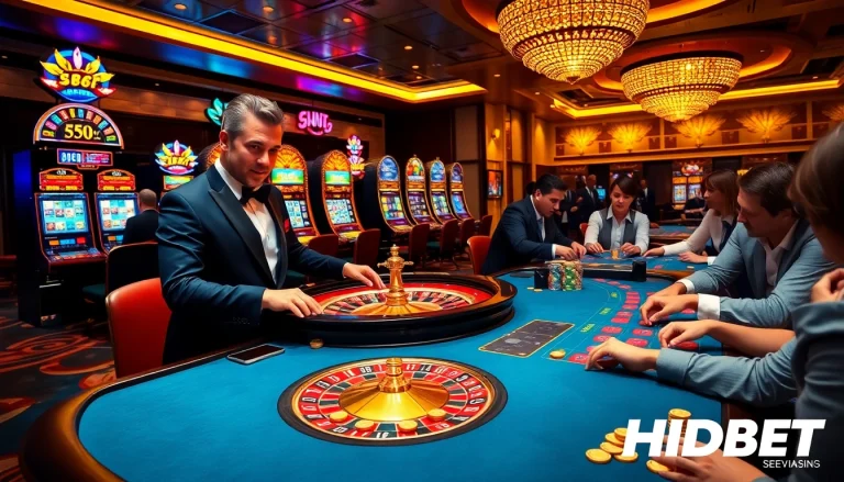 Experience HDBET excitement at a luxurious casino with vibrant roulette and poker games.
