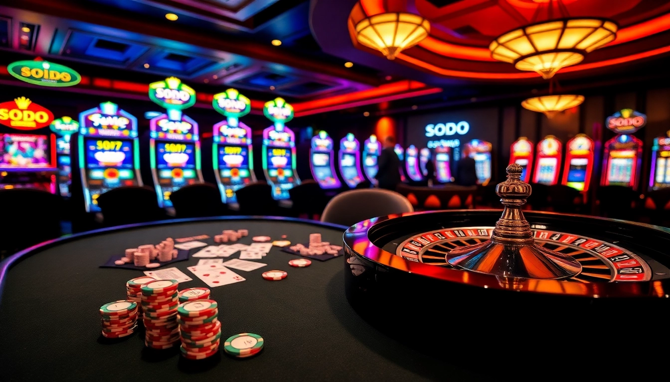 SODO Casino's luxurious gaming experience with vibrant poker and roulette tables.
