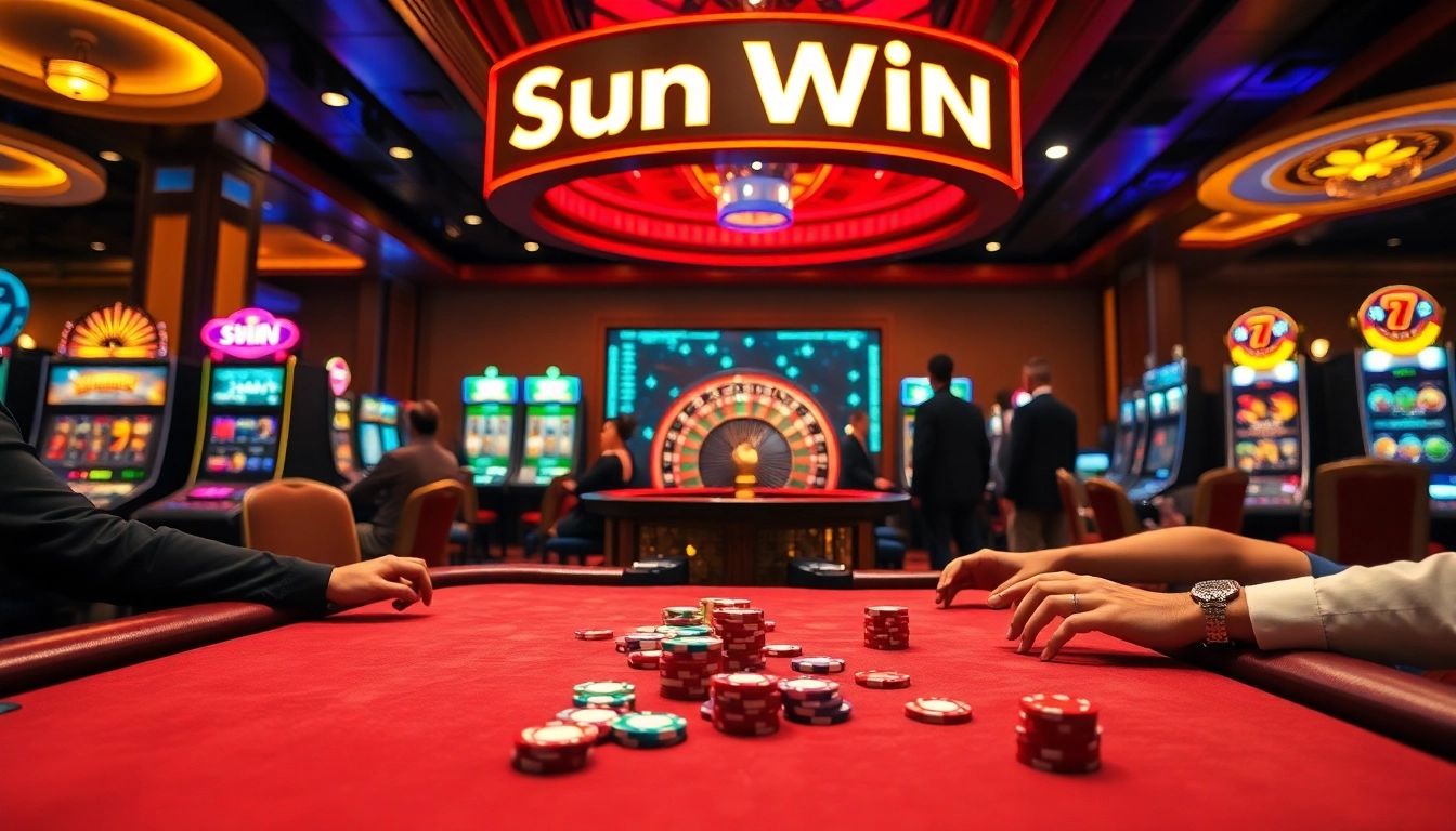 Players enjoy a thrilling casino experience with Sun Win branded games and vibrant atmosphere.