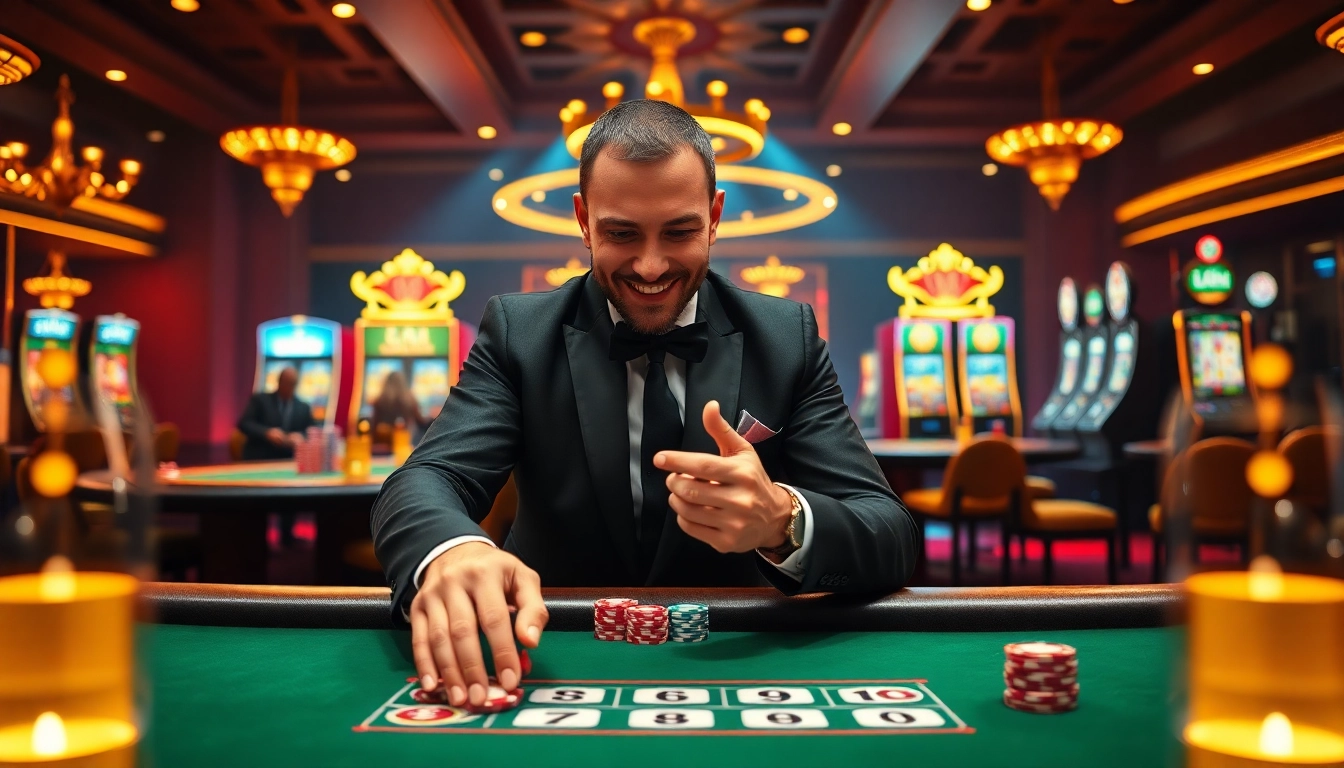 Experience thrilling online gaming at https://okwinbiz.com/ with dynamic casino visuals featuring active players and elegant tables.