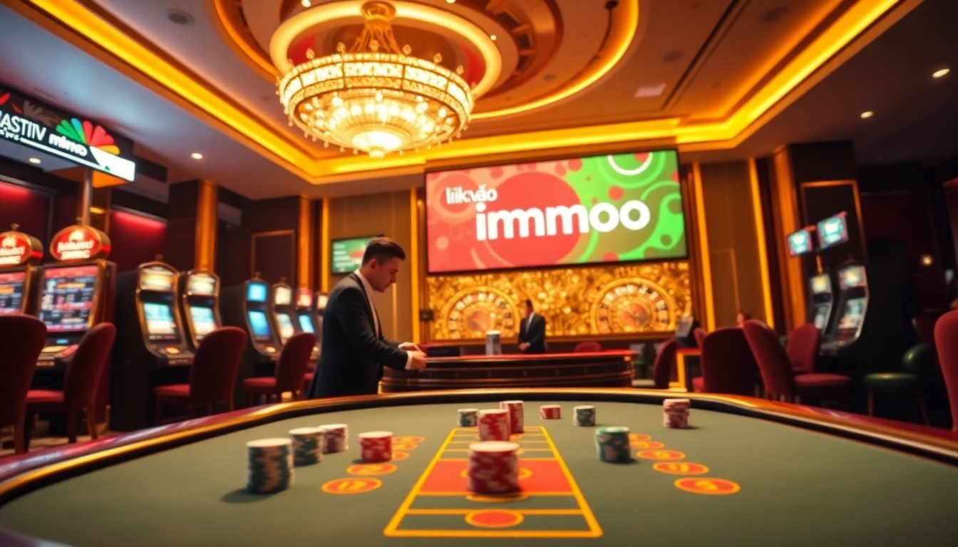 Engaging casino scene illustrating link vào mmoo with vibrant gaming elements and professional dealers.