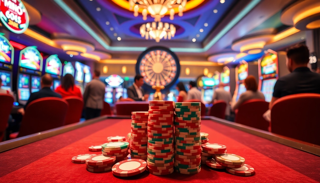 A casino scene showcasing kèo nhà cái with vibrant poker chips and an exciting roulette wheel.