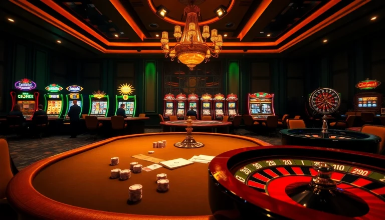 Exciting gambling at a luxurious casino featuring https://nk88.sa.com/ with poker chips and a roulette wheel.