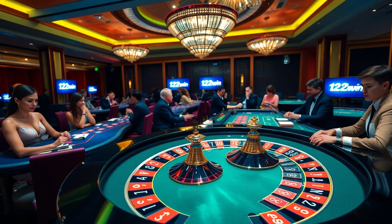 Players enjoying a thrilling game at 123win casino tables with vibrant atmosphere.