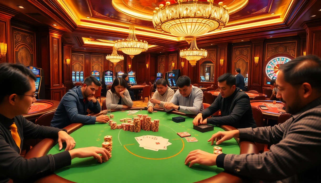 Dominoqiu poker action with players engaged in high-stakes gameplay at an elegant casino table.