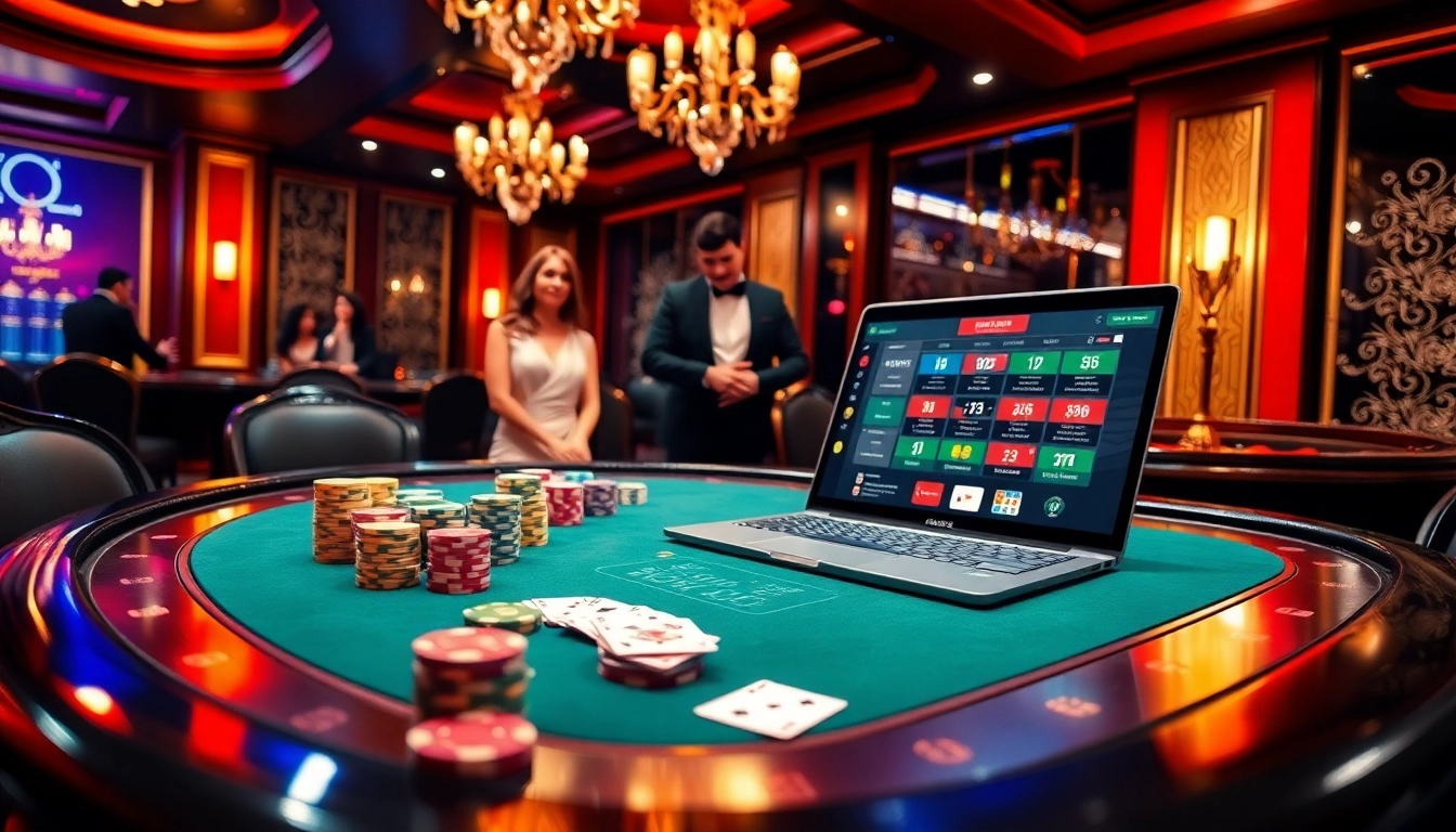 Engage in thrilling poker at https://bong88.casa/ with chips and cards amid a luxurious casino setting.