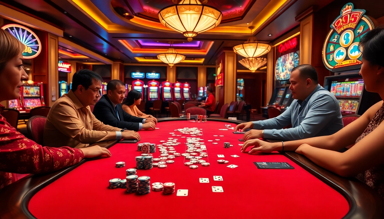 Experience the thrill of betting in Dominoqiu as players strategize at a vibrant poker table.