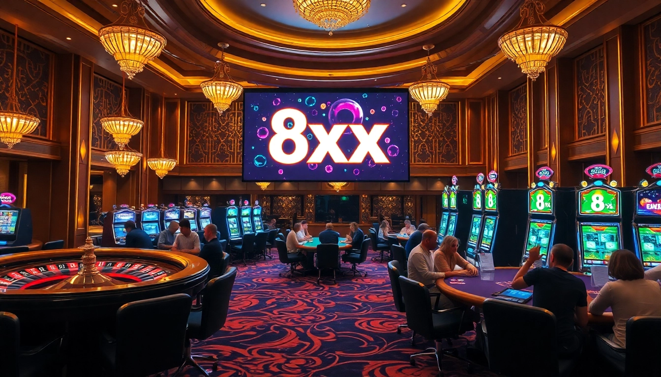 Experience thrilling gambling at 8xx casino tables with vibrant slots and active players.