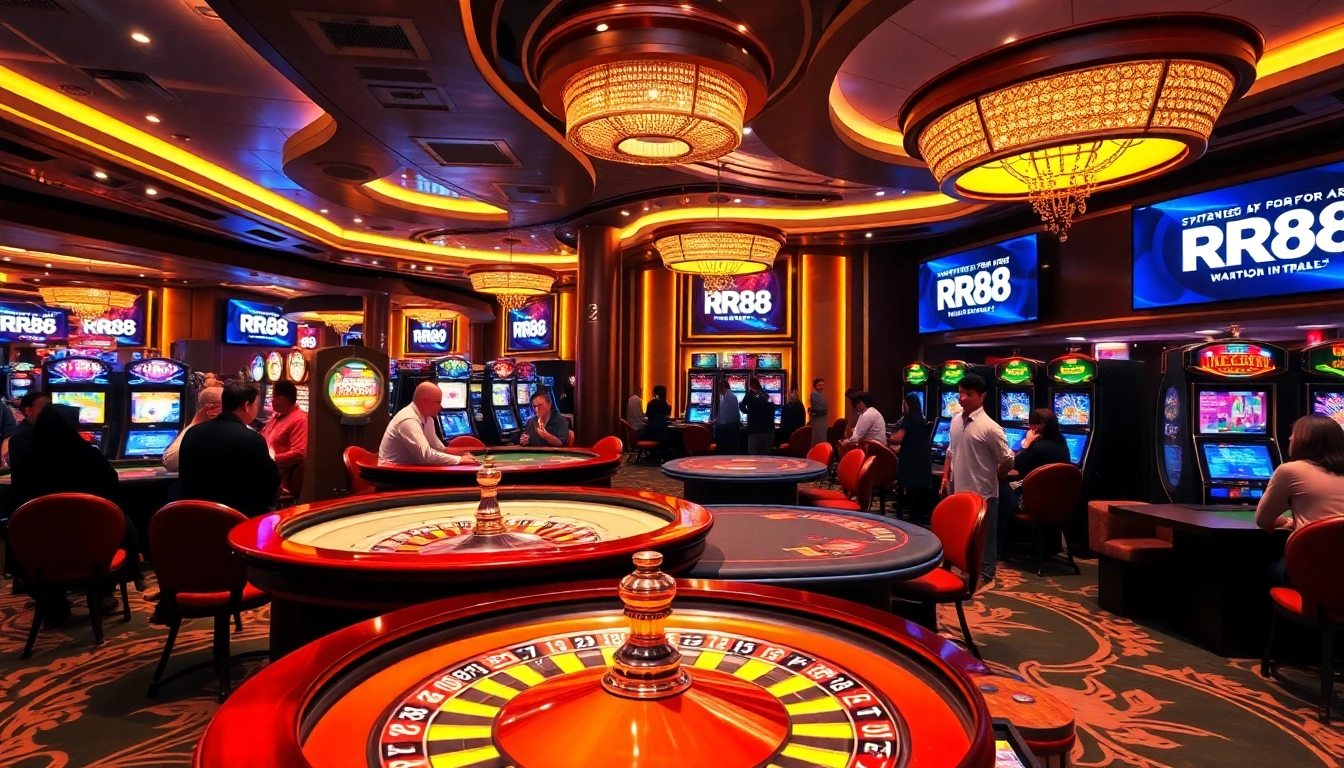 RR88 casino scene featuring exciting games, vibrant lighting, and engaged players.